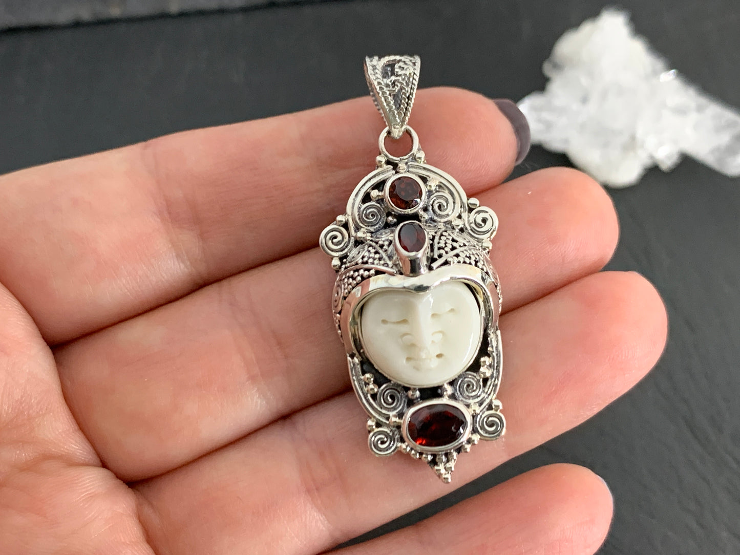 Sterling Silver Face Pendant • Hand-Carved Bone Moon Goddess Jewelry • Gemstone Pendant with Garnet