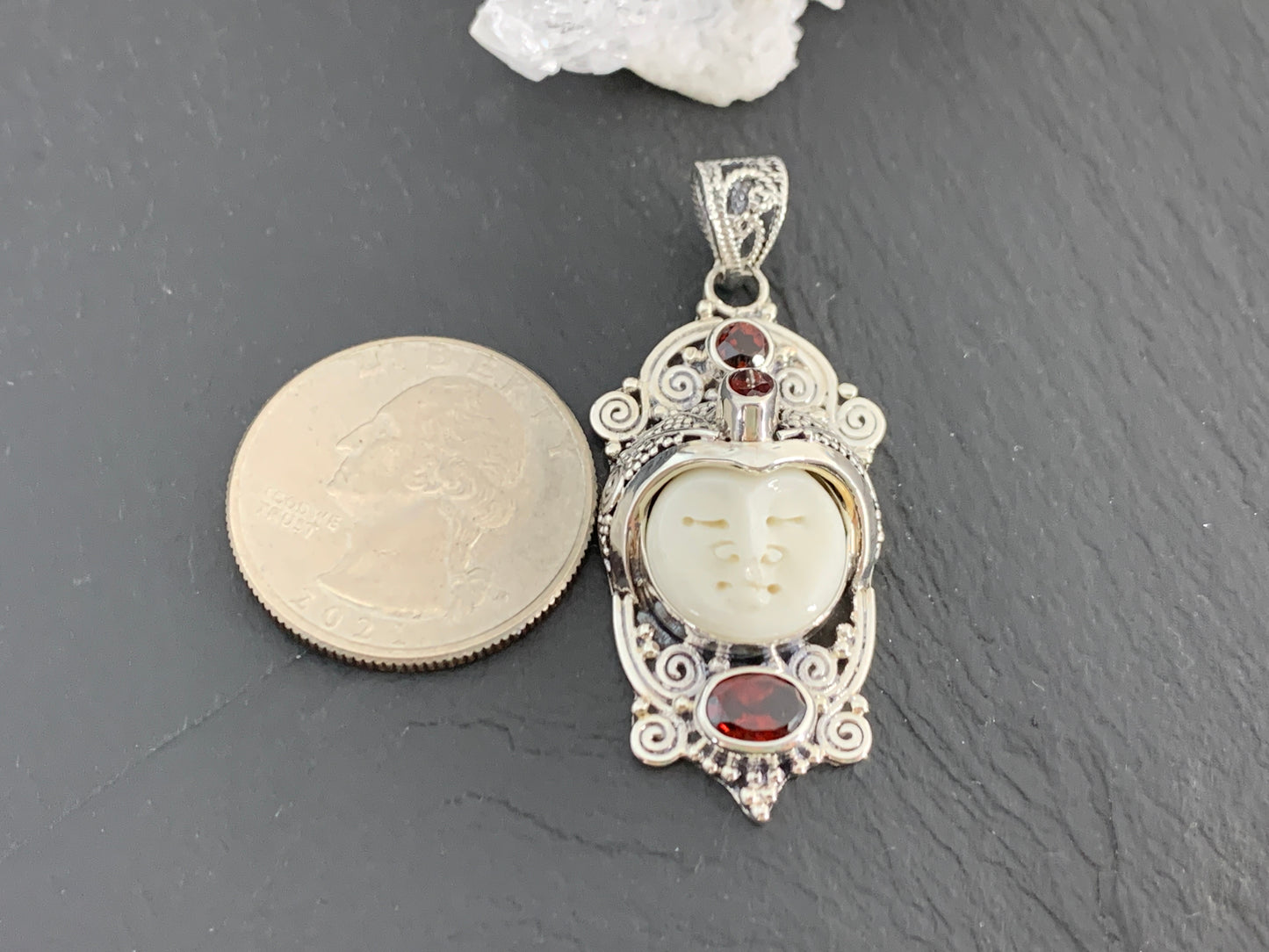 Sterling Silver Face Pendant • Hand-Carved Bone Moon Goddess Jewelry • Gemstone Pendant with Garnet