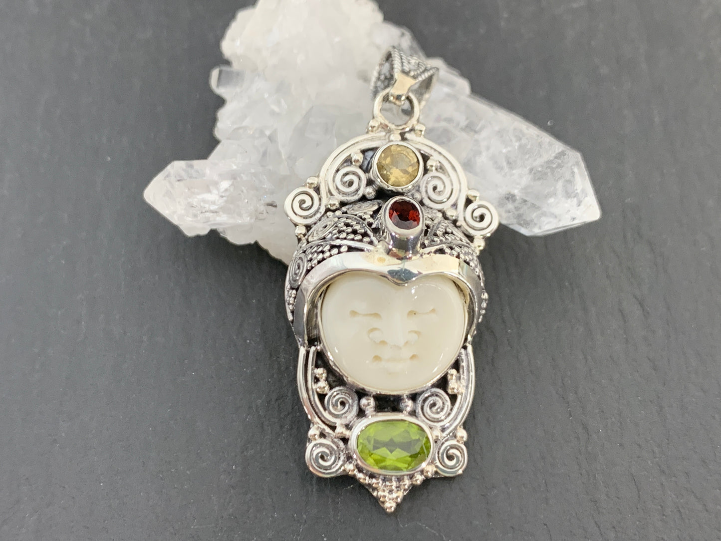 Sterling Silver Face Pendant • Hand-Carved Bone Moon Goddess Jewelry • Gemstone Pendant with Garnet, Citrine & Peridot