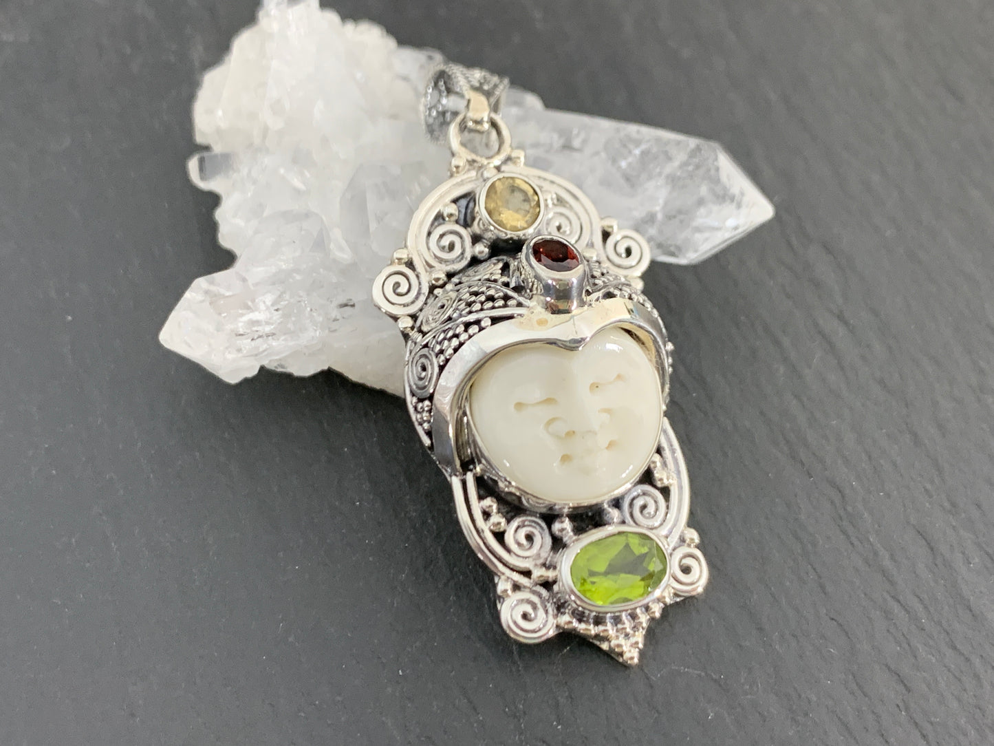 Sterling Silver Face Pendant • Hand-Carved Bone Moon Goddess Jewelry • Gemstone Pendant with Garnet, Citrine & Peridot
