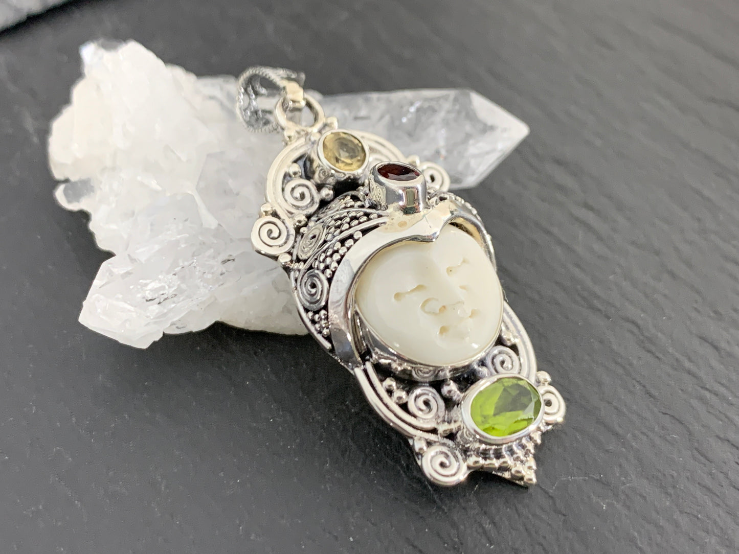 Sterling Silver Face Pendant • Hand-Carved Bone Moon Goddess Jewelry • Gemstone Pendant with Garnet, Citrine & Peridot