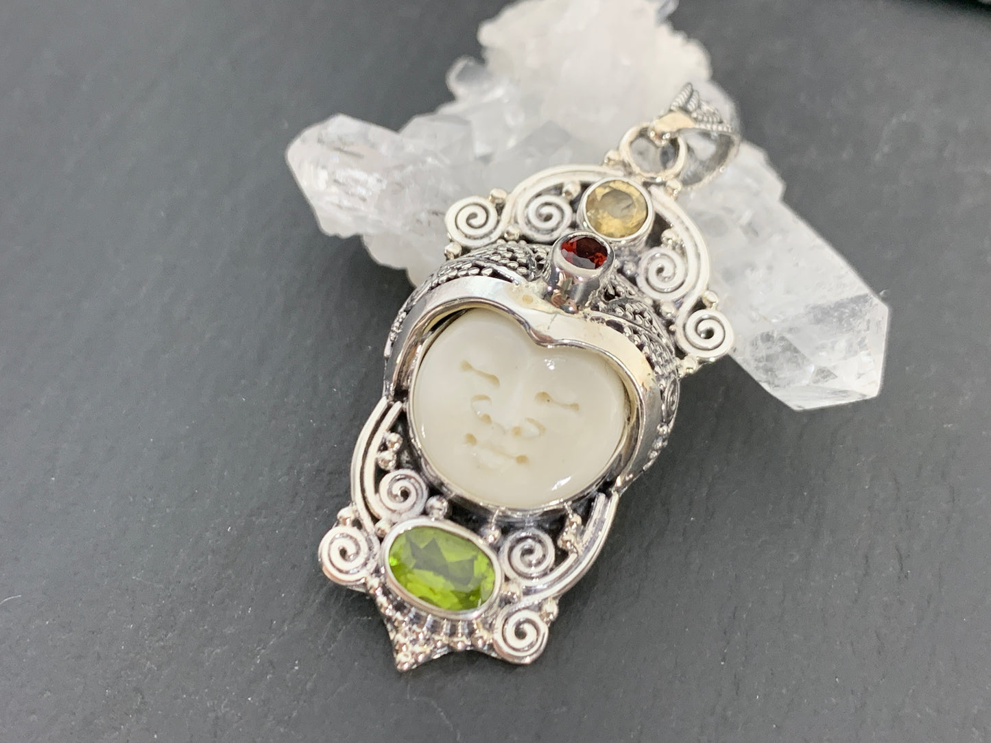 Sterling Silver Face Pendant • Hand-Carved Bone Moon Goddess Jewelry • Gemstone Pendant with Garnet, Citrine & Peridot