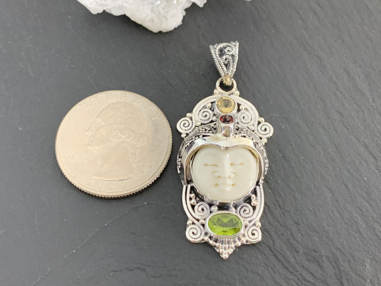 Sterling Silver Face Pendant • Hand-Carved Bone Moon Goddess Jewelry • Gemstone Pendant with Garnet, Citrine & Peridot