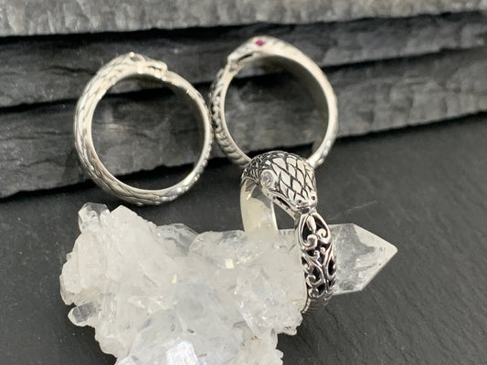 Sterling Silver Snake Ring • Serpent Wrap Ring with Gemstone Eyes • Gothic Jewelry