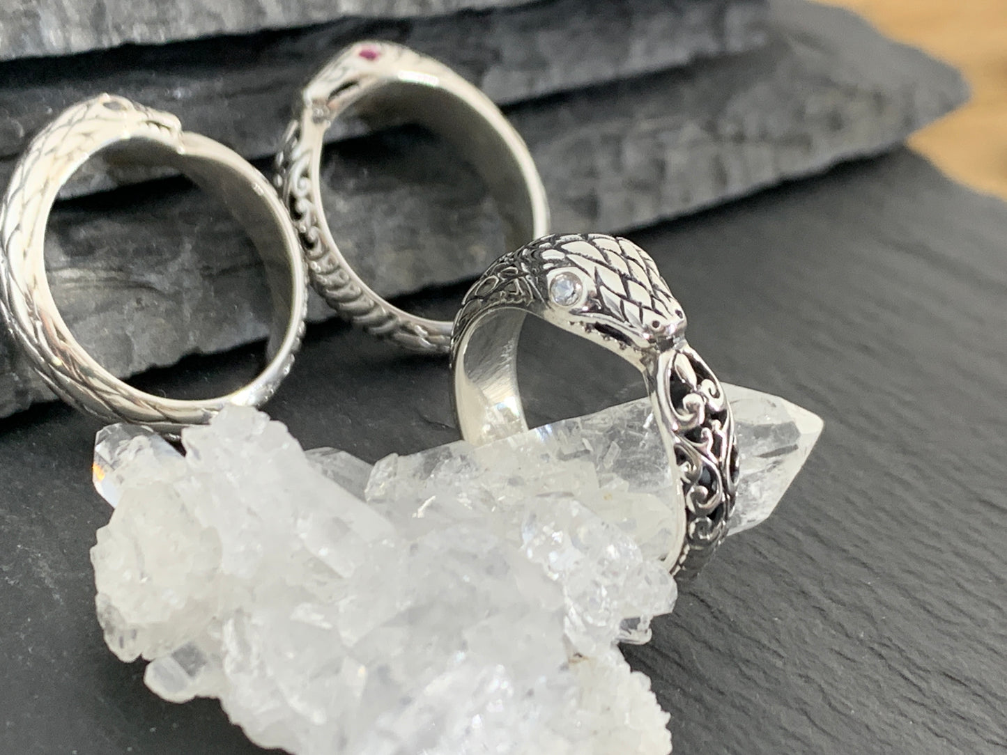 Sterling Silver Snake Ring • Serpent Wrap Ring with Gemstone Eyes • Gothic Jewelry