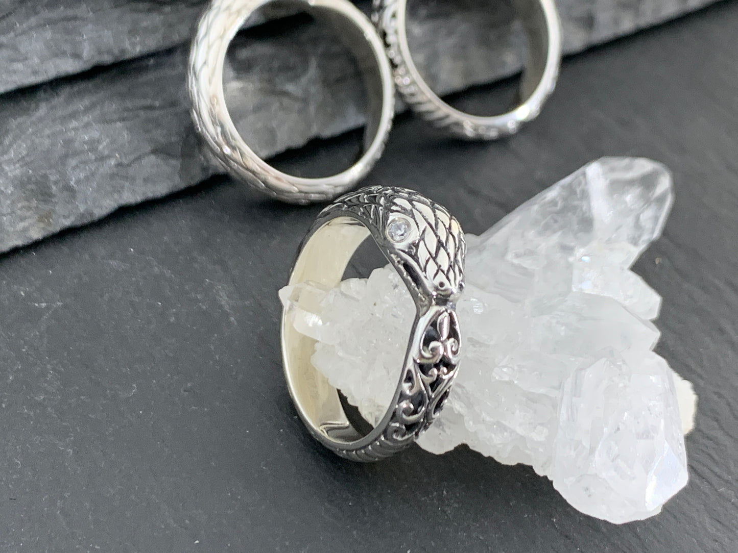 Sterling Silver Snake Ring • Serpent Wrap Ring with Gemstone Eyes • Gothic Jewelry