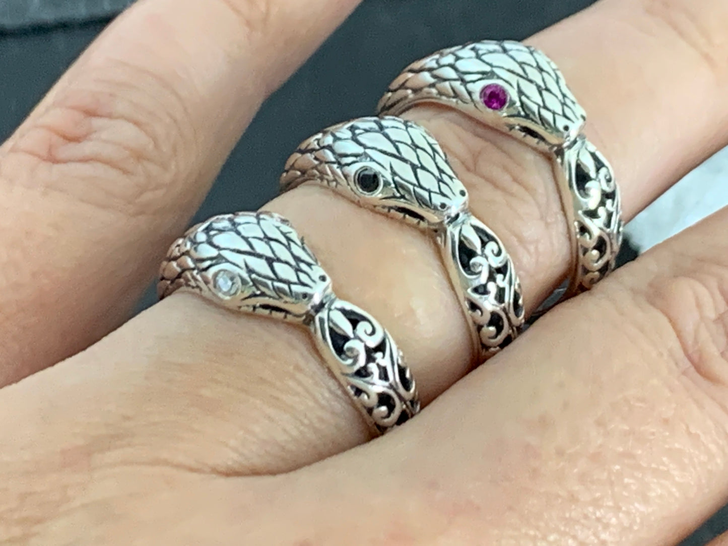 Sterling Silver Snake Ring • Serpent Wrap Ring with Gemstone Eyes • Gothic Jewelry