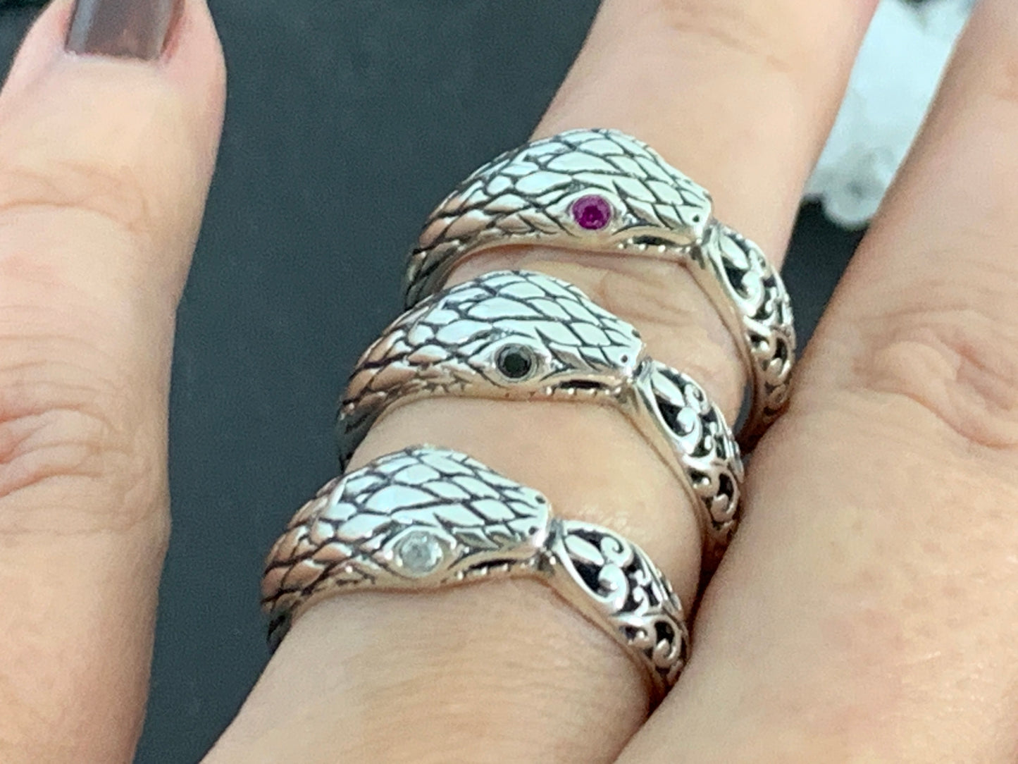 Sterling Silver Snake Ring • Serpent Wrap Ring with Gemstone Eyes • Gothic Jewelry