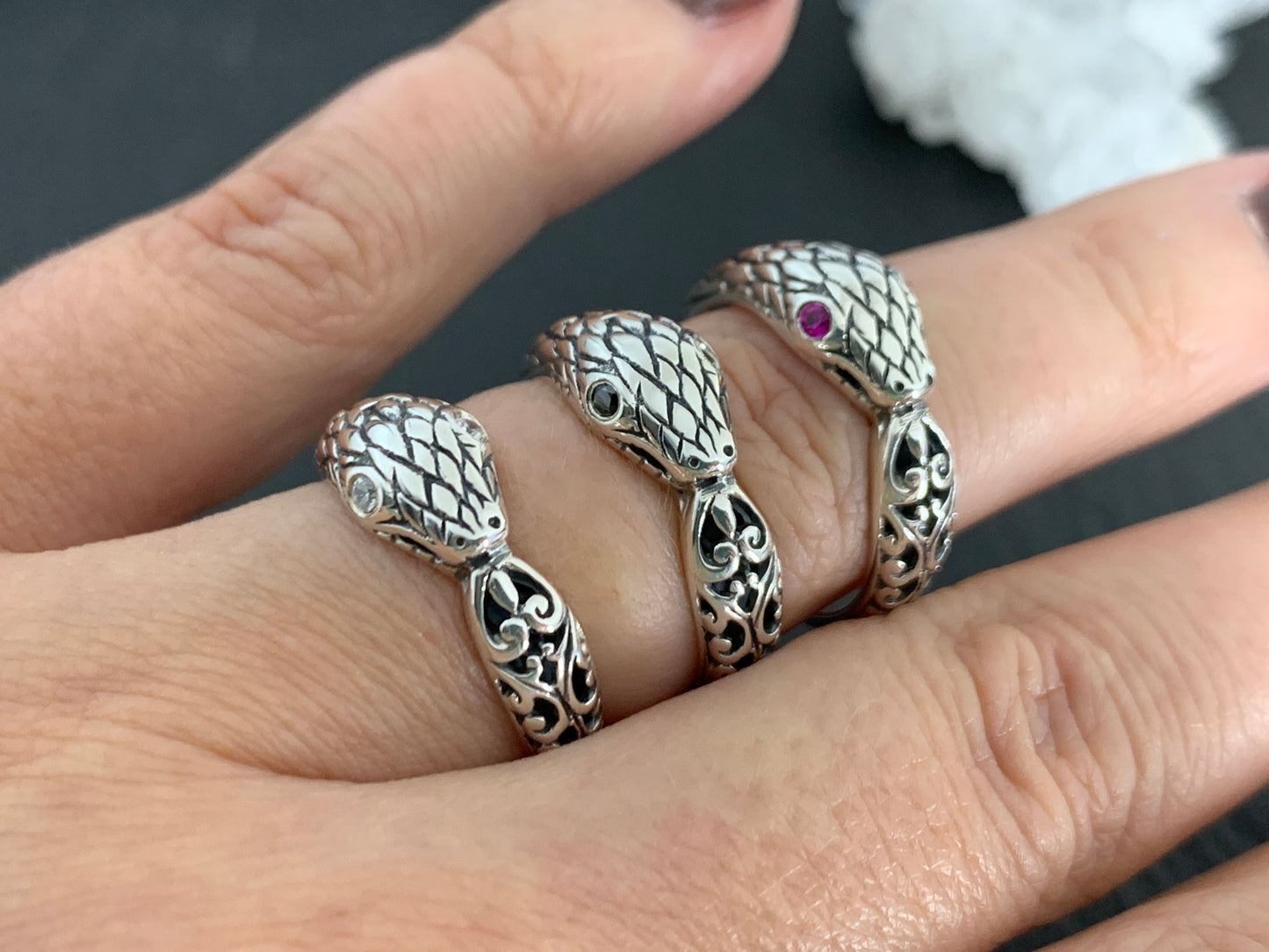 Sterling Silver Snake Ring • Serpent Wrap Ring with Gemstone Eyes • Gothic Jewelry