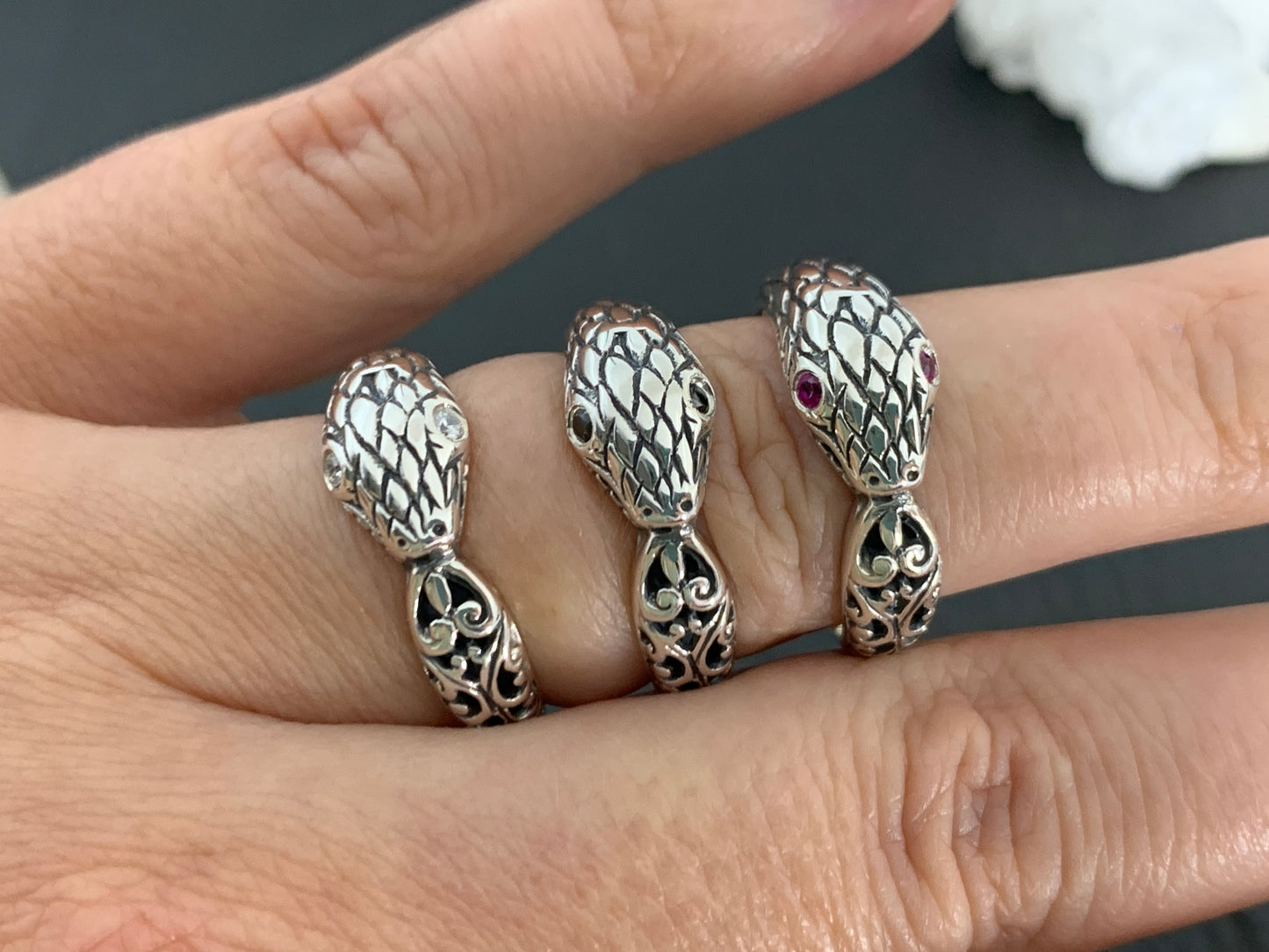 Sterling Silver Snake Ring • Serpent Wrap Ring with Gemstone Eyes • Gothic Jewelry