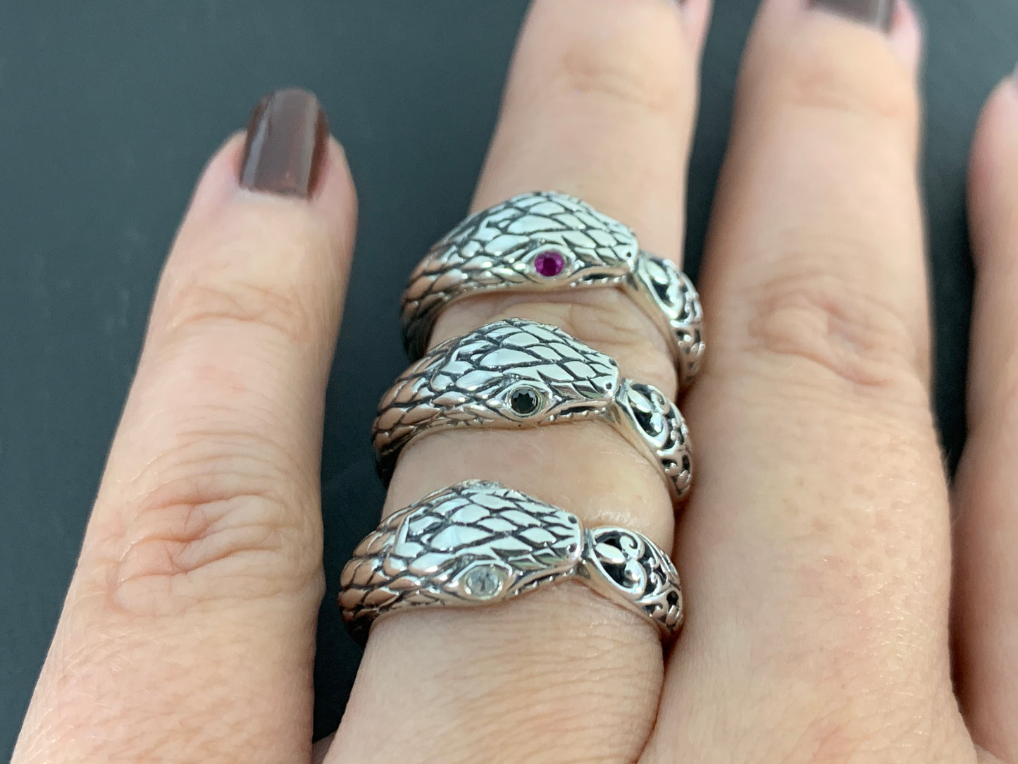 Sterling Silver Snake Ring • Serpent Wrap Ring with Gemstone Eyes • Gothic Jewelry