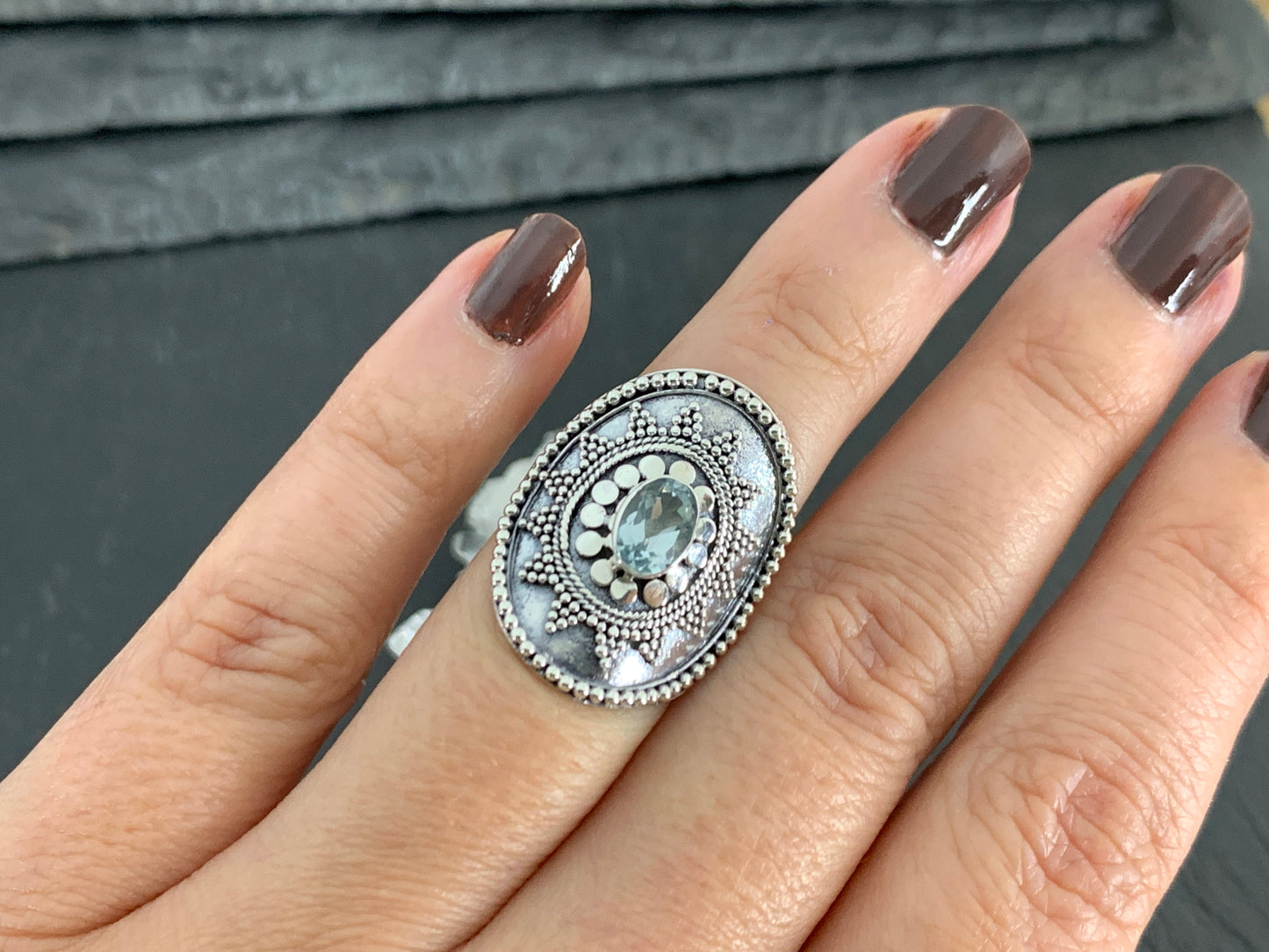 Boho Topaz  Ring, Sterling Silver Statement Ring, Vintage Style Filigree Jewelry, Blue Gemstone (Copy) (Copy) (Copy)