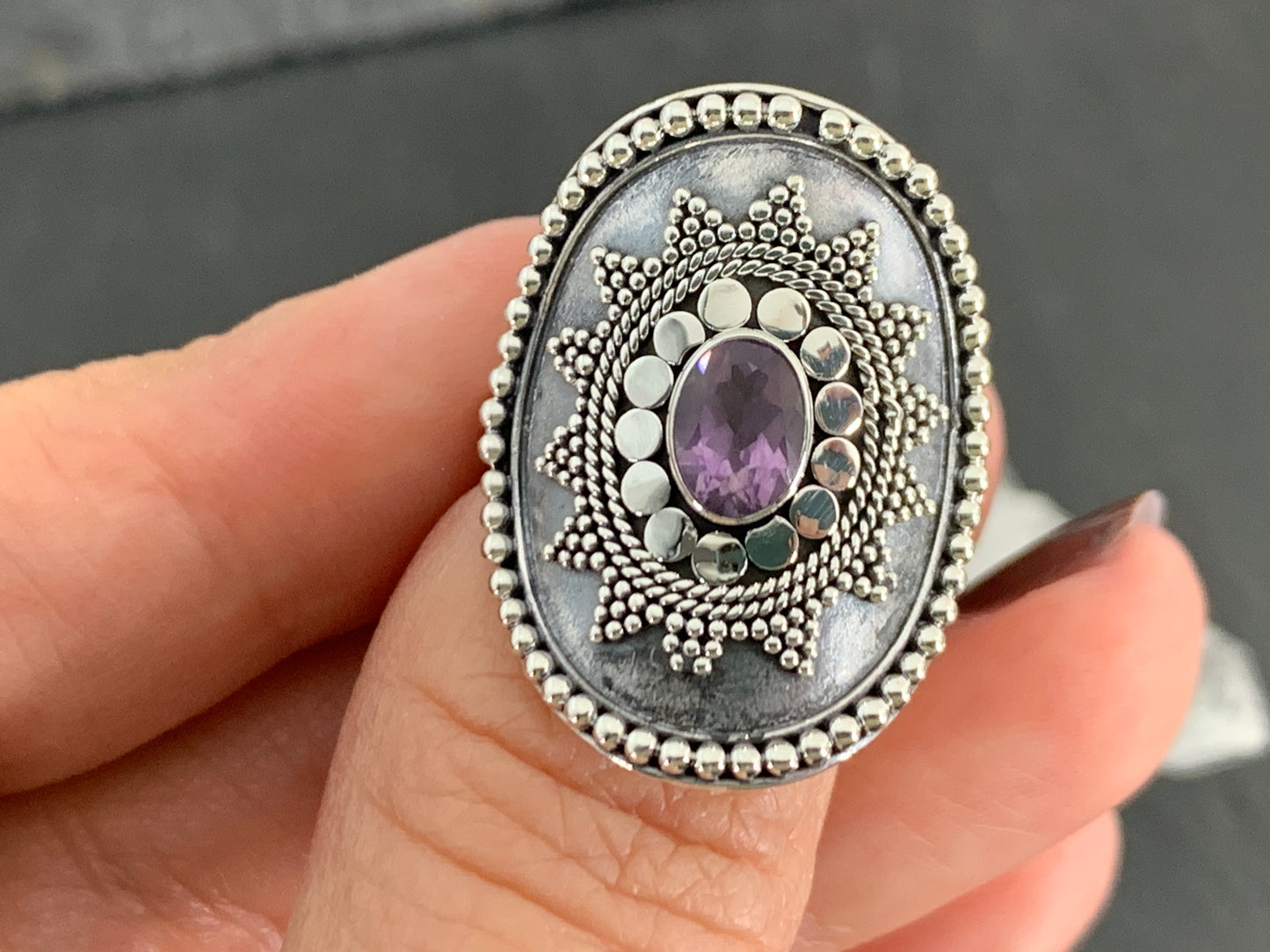 Boho Amethyst Ring, Sterling Silver Statement Ring, Vintage Style Filigree Jewelry, Purple Gemstone