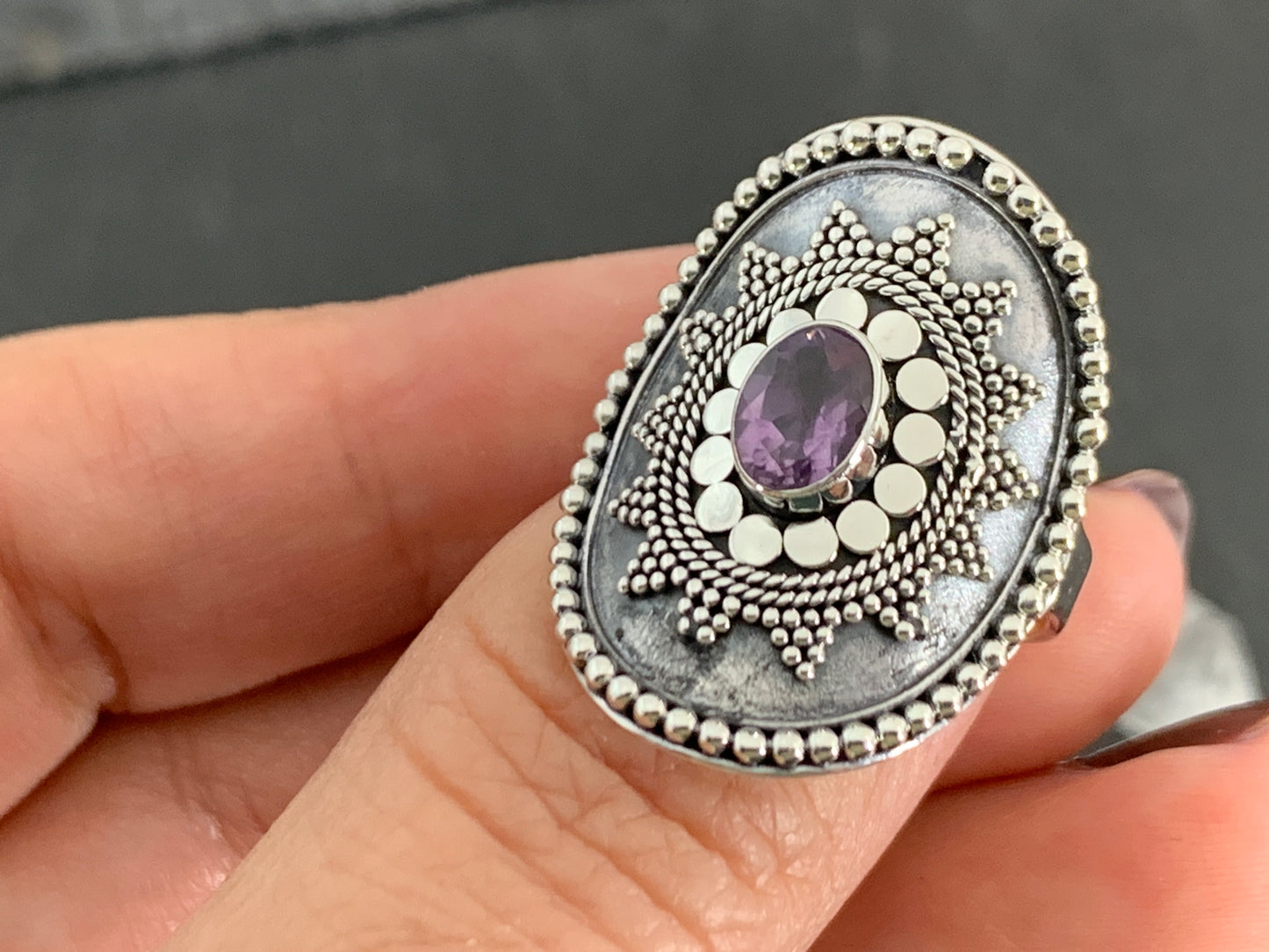 Boho Amethyst Ring, Sterling Silver Statement Ring, Vintage Style Filigree Jewelry, Purple Gemstone