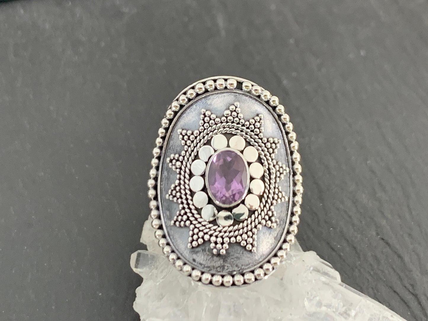Boho Amethyst Ring, Sterling Silver Statement Ring, Vintage Style Filigree Jewelry, Purple Gemstone