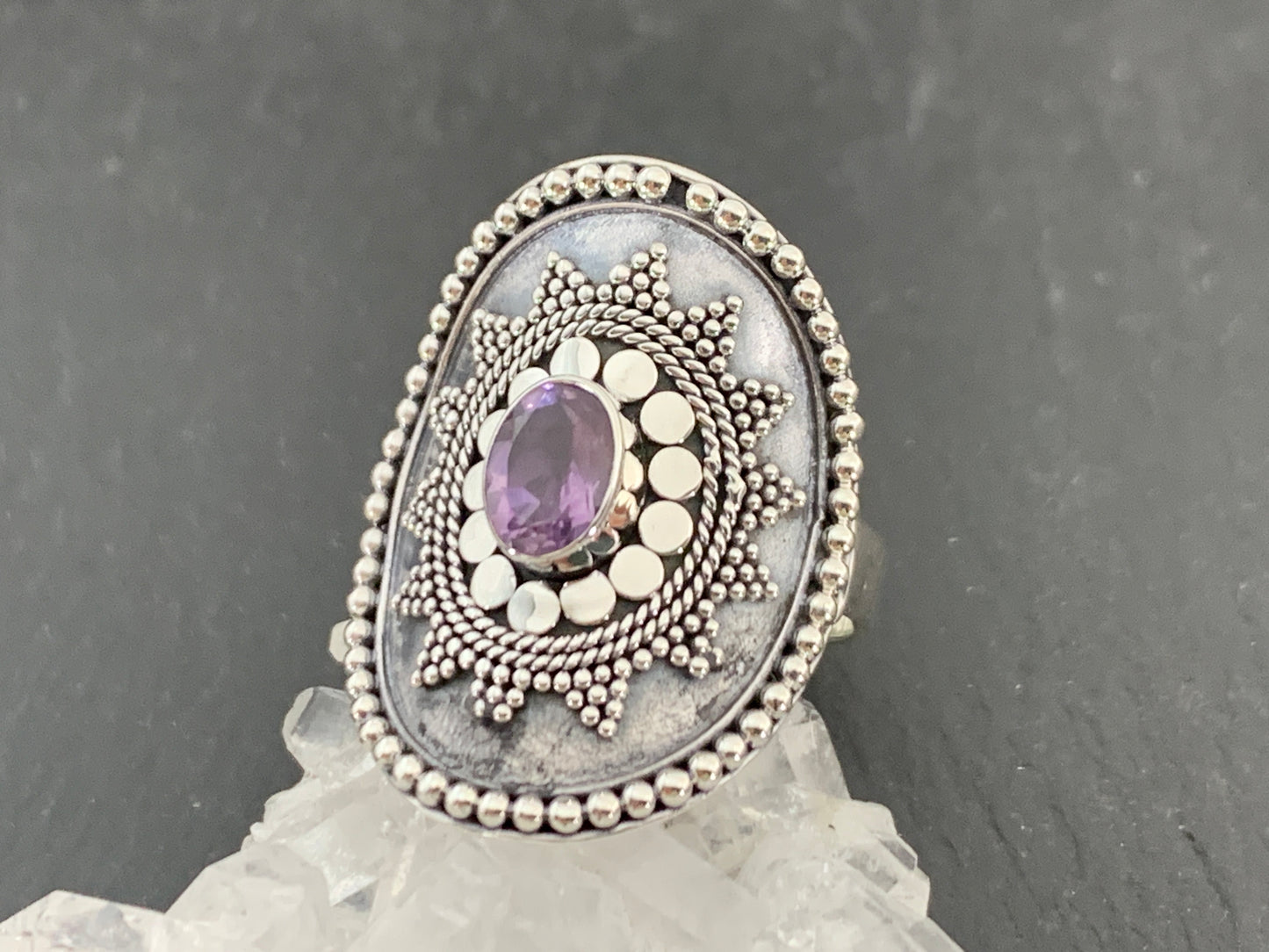 Boho Amethyst Ring, Sterling Silver Statement Ring, Vintage Style Filigree Jewelry, Purple Gemstone