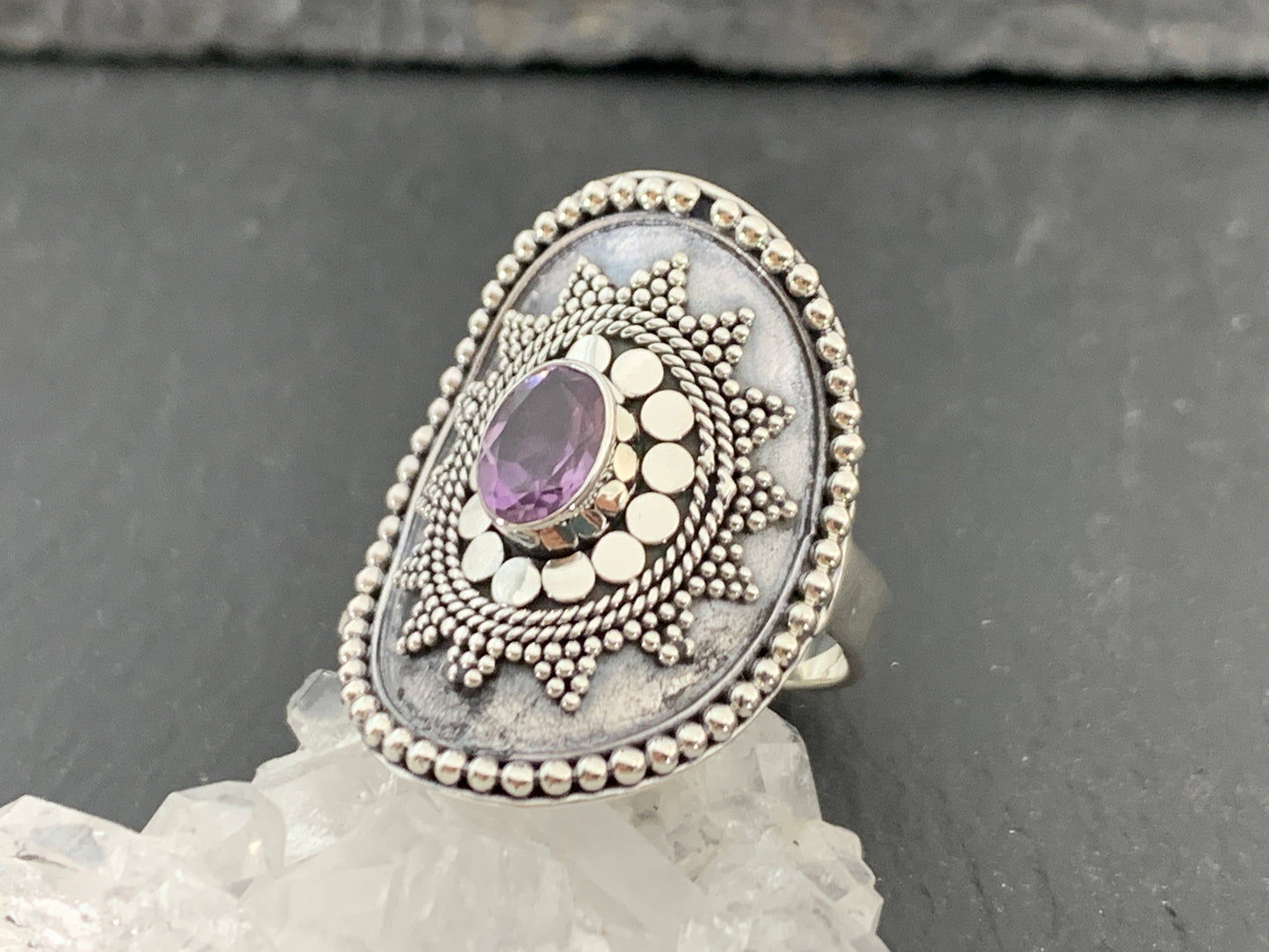 Boho Amethyst Ring, Sterling Silver Statement Ring, Vintage Style Filigree Jewelry, Purple Gemstone