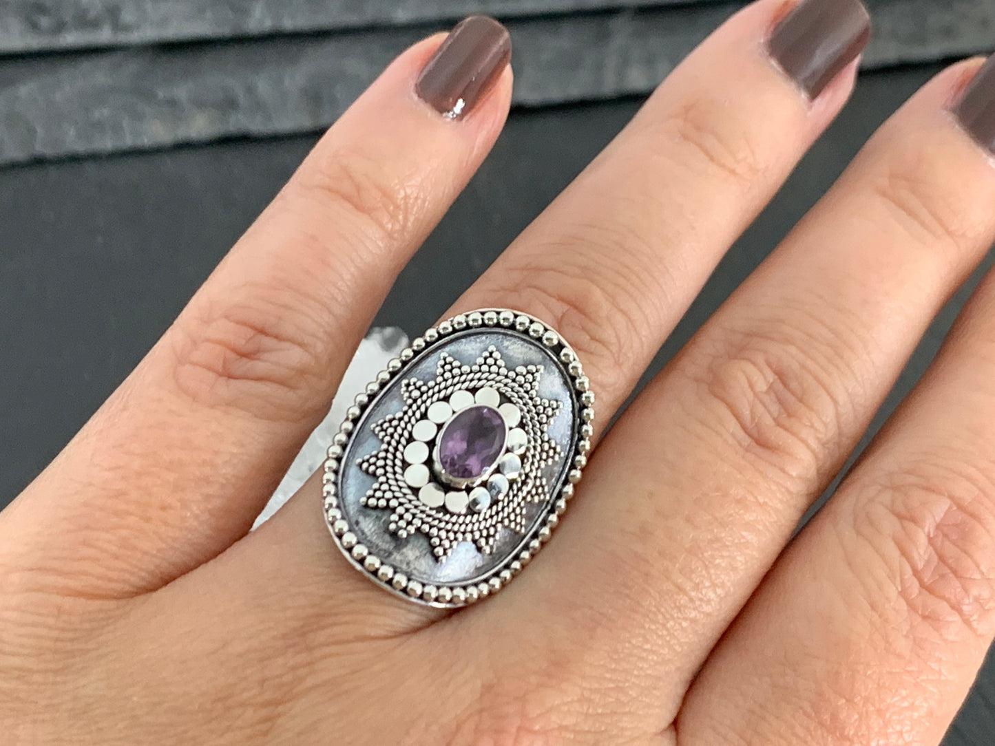Boho Amethyst Ring, Sterling Silver Statement Ring, Vintage Style Filigree Jewelry, Purple Gemstone