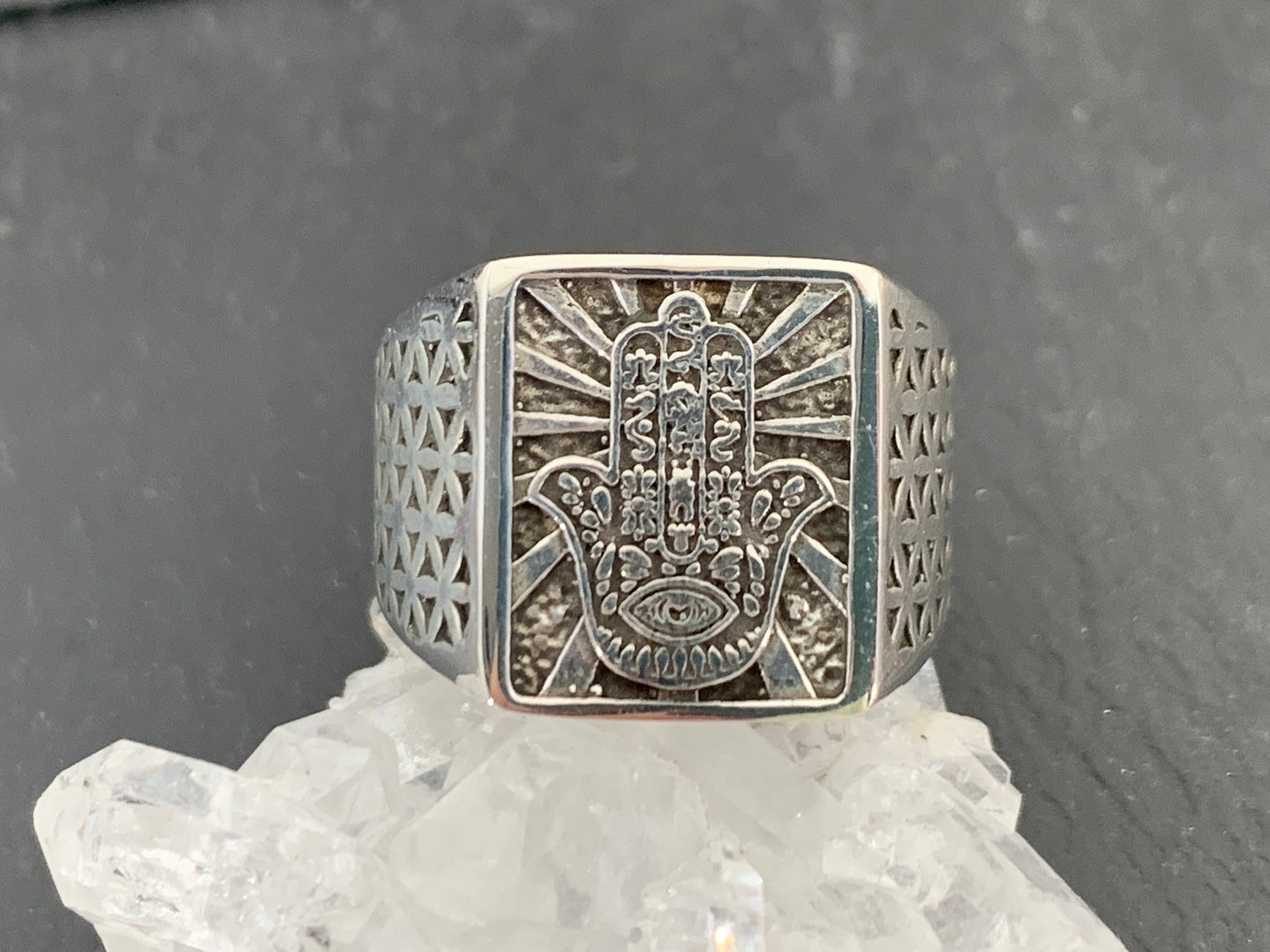 Sterling Silver Hamsa Hand Ring – Protection Symbol Ring with Geometric Detailing | Handmade Spiritual Jewelry