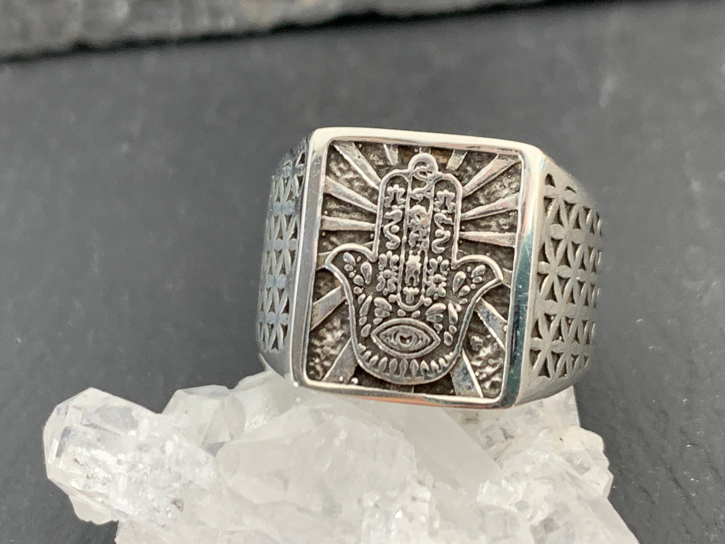 Sterling Silver Hamsa Hand Ring – Protection Symbol Ring with Geometric Detailing | Handmade Spiritual Jewelry