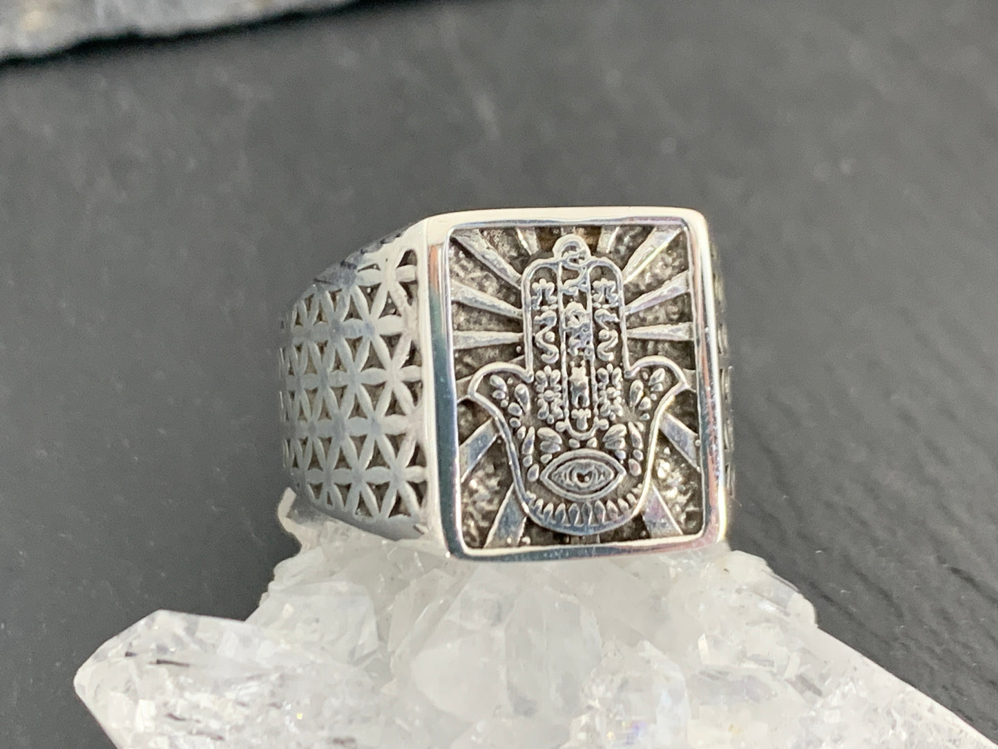 Sterling Silver Hamsa Hand Ring – Protection Symbol Ring with Geometric Detailing | Handmade Spiritual Jewelry