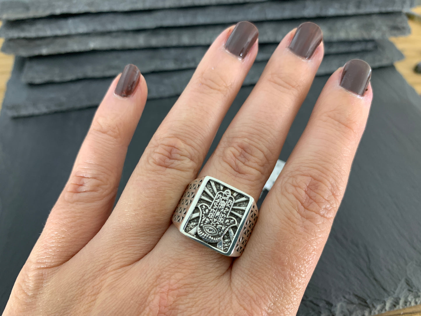 Sterling Silver Hamsa Hand Ring – Protection Symbol Ring with Geometric Detailing | Handmade Spiritual Jewelry