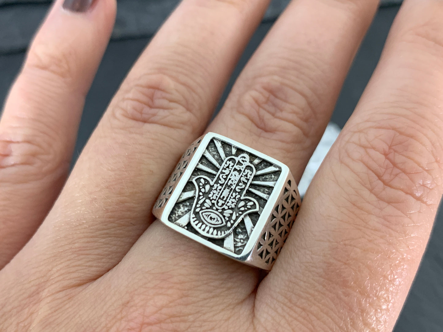 Sterling Silver Hamsa Hand Ring – Protection Symbol Ring with Geometric Detailing | Handmade Spiritual Jewelry