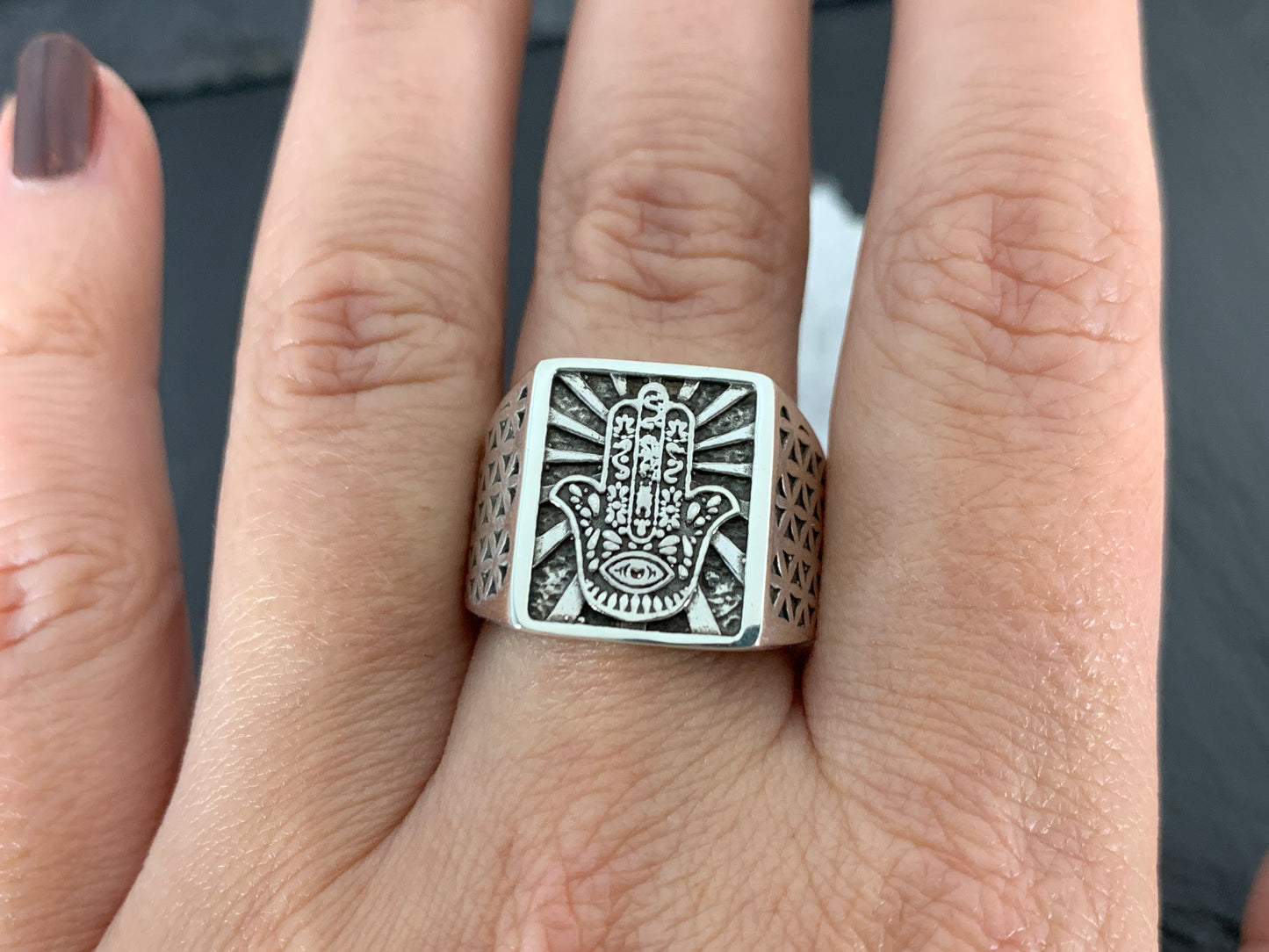 Sterling Silver Hamsa Hand Ring – Protection Symbol Ring with Geometric Detailing | Handmade Spiritual Jewelry