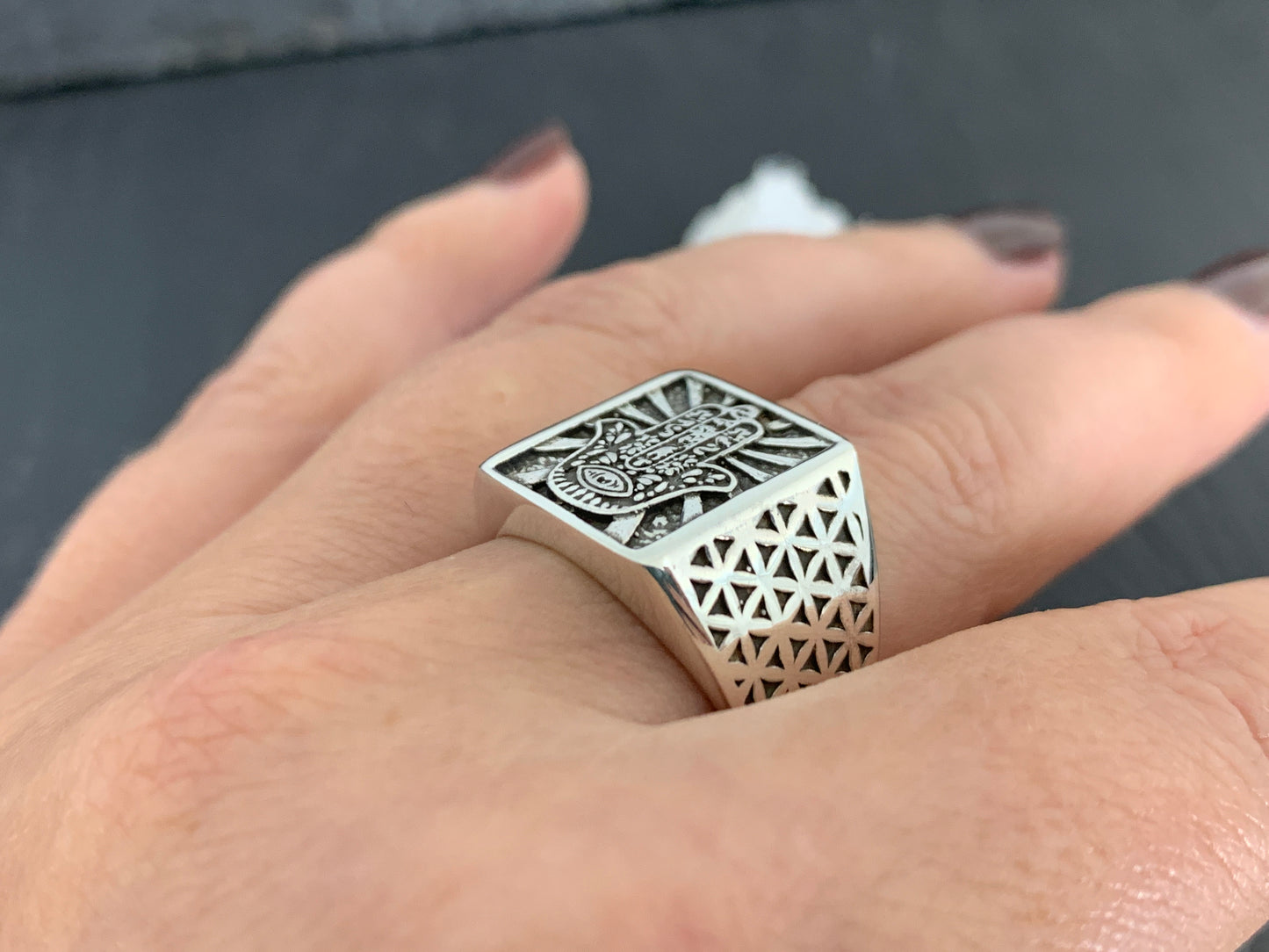 Sterling Silver Hamsa Hand Ring – Protection Symbol Ring with Geometric Detailing | Handmade Spiritual Jewelry