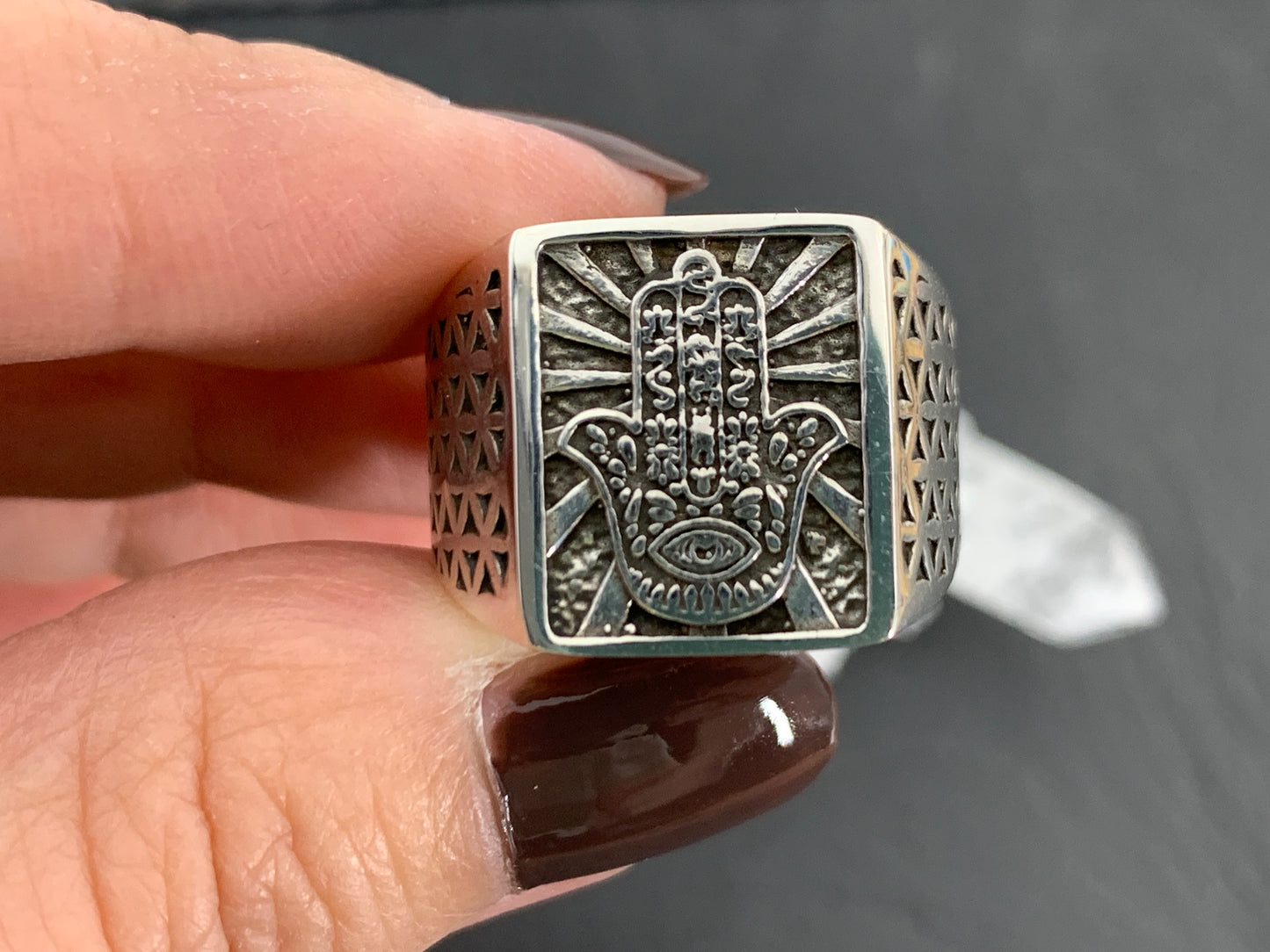 Sterling Silver Hamsa Hand Ring – Protection Symbol Ring with Geometric Detailing | Handmade Spiritual Jewelry
