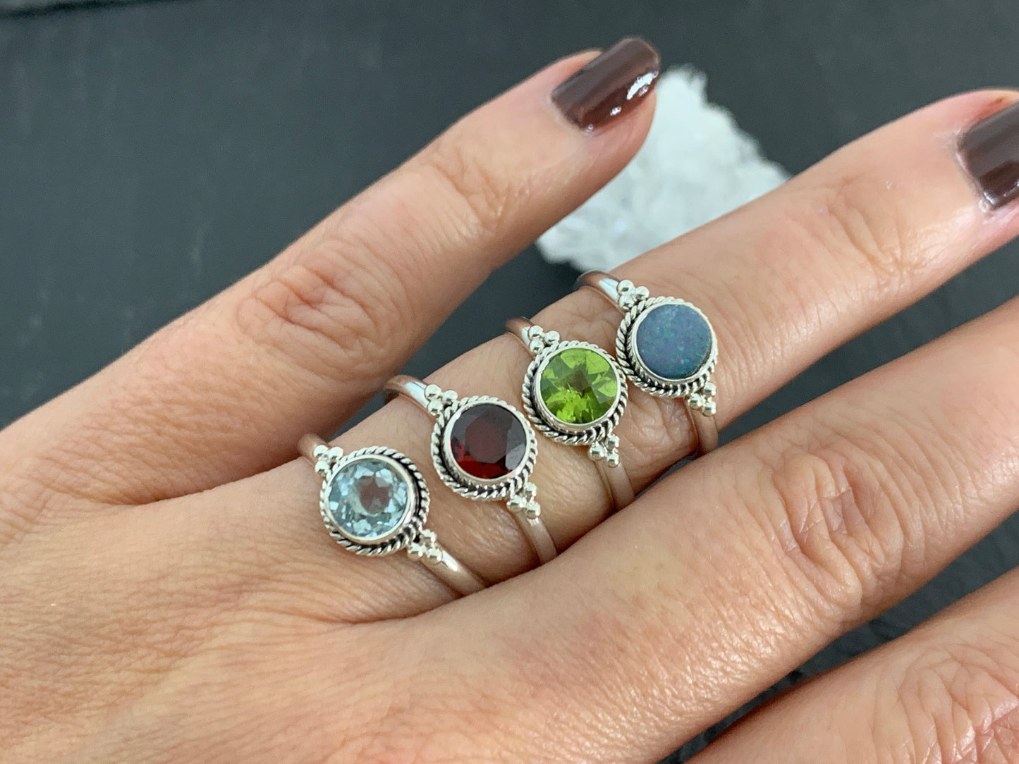 Sterling Silver Gemstone Rings – Peridot, Garnet, Blue Topaz, Opal & Citrine | Handmade Boho Birthstone Rings