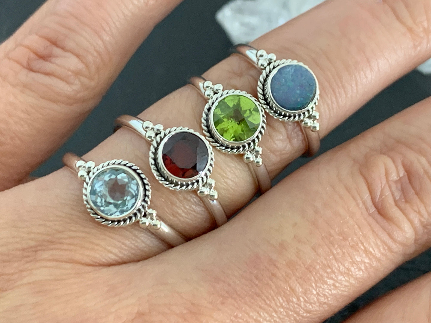Sterling Silver Gemstone Rings – Peridot, Garnet, Blue Topaz, Opal & Citrine | Handmade Boho Birthstone Rings