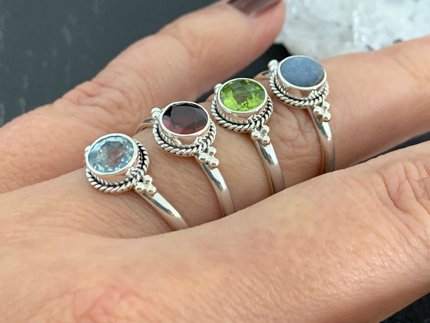 Sterling Silver Gemstone Rings – Peridot, Garnet, Blue Topaz, Opal & Citrine | Handmade Boho Birthstone Rings
