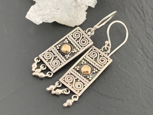 Handcrafted Sterling Silver & 18K Gold Plated Dangle Earrings – Boho Filigree Rectangle Design