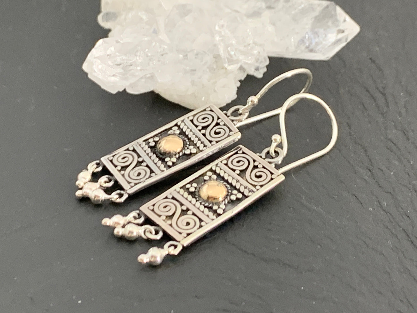 Handcrafted Sterling Silver & 18K Gold Plated Dangle Earrings – Boho Filigree Rectangle Design