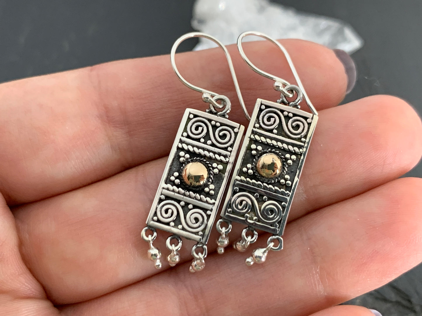 Handcrafted Sterling Silver & 18K Gold Plated Dangle Earrings – Boho Filigree Rectangle Design