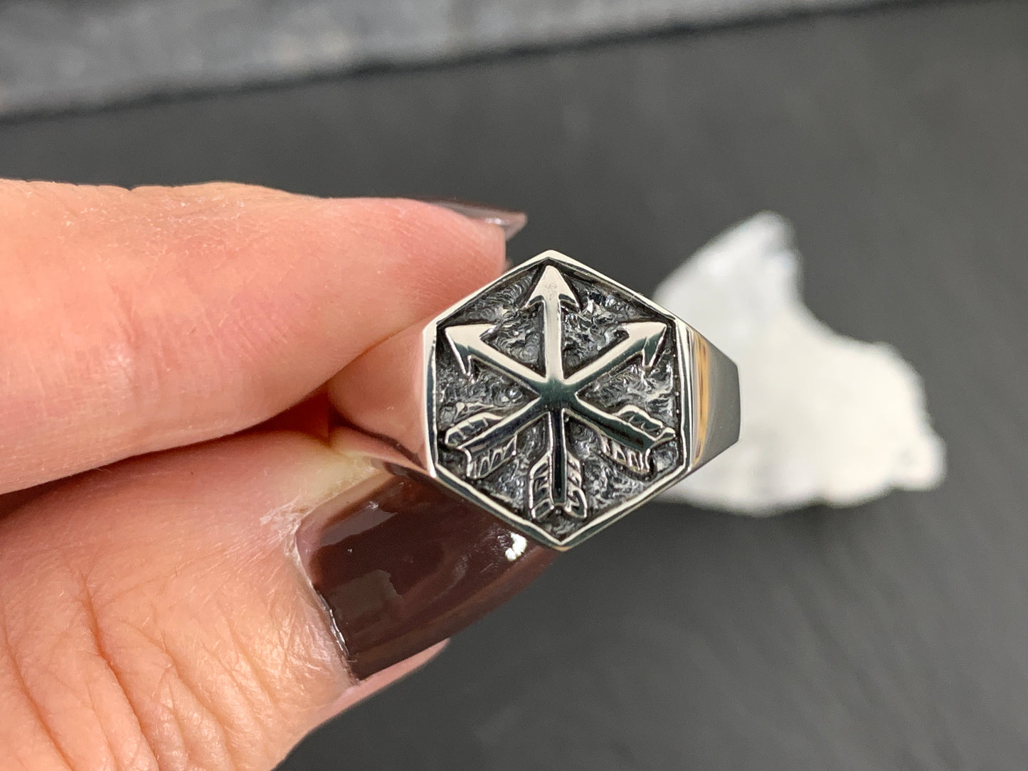 Hexagonal Viking Compass Ring • Vegvisir Norse Symbol Ring •  Rune Protection Jewelry