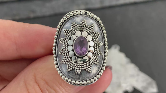 Boho Amethyst Ring, Sterling Silver Statement Ring, Vintage Style Filigree Jewelry, Purple Gemstone