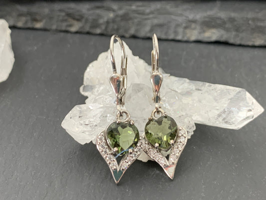 Zircon and Faceted Moldavite heart 7mm earrings