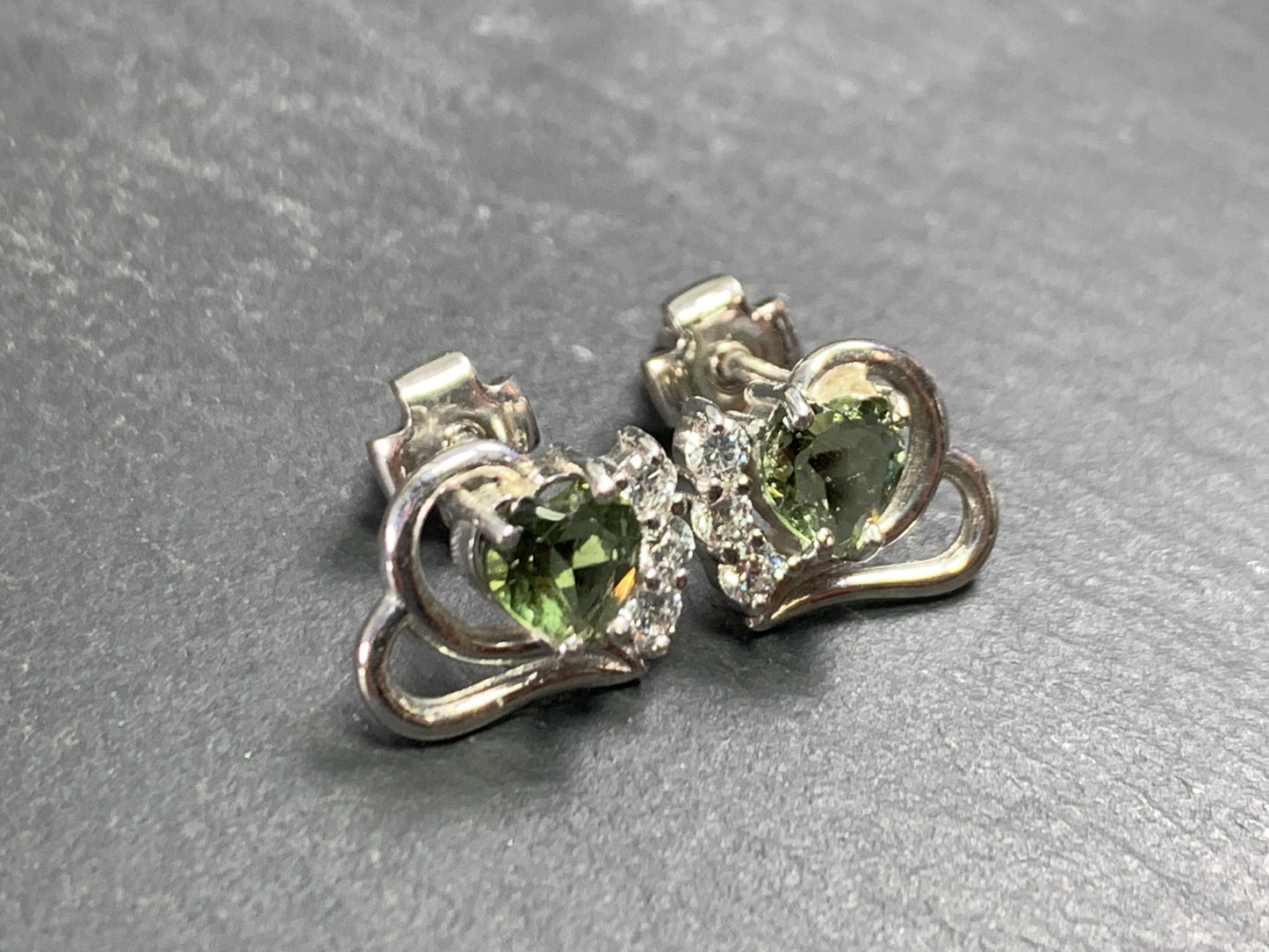 Moldavite Heart & Zircon Studs