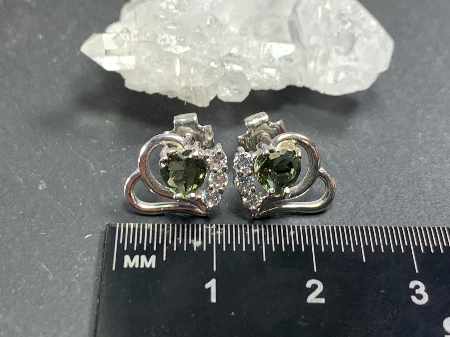 Moldavite Heart & Zircon Studs