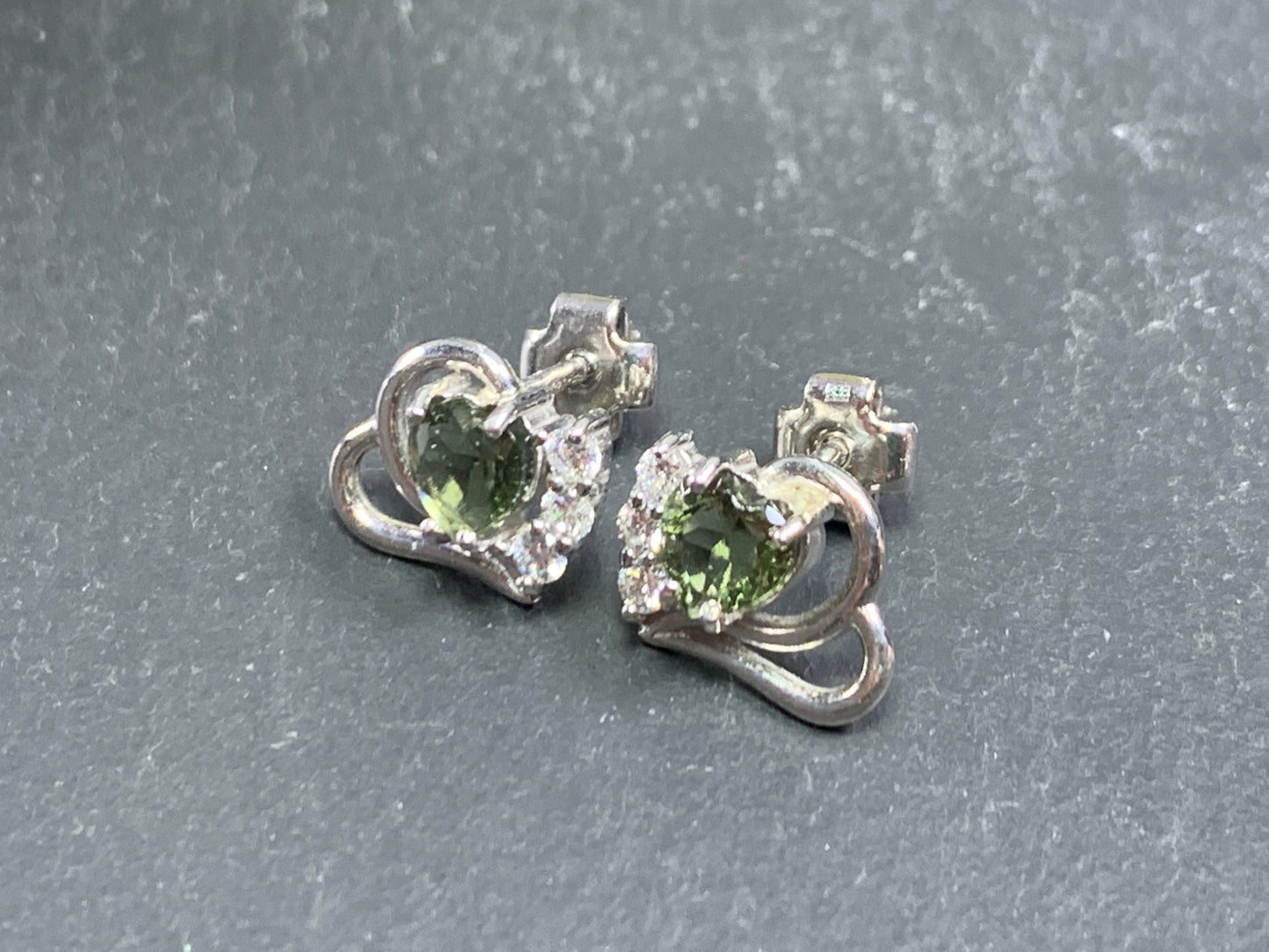 Moldavite Heart & Zircon Studs