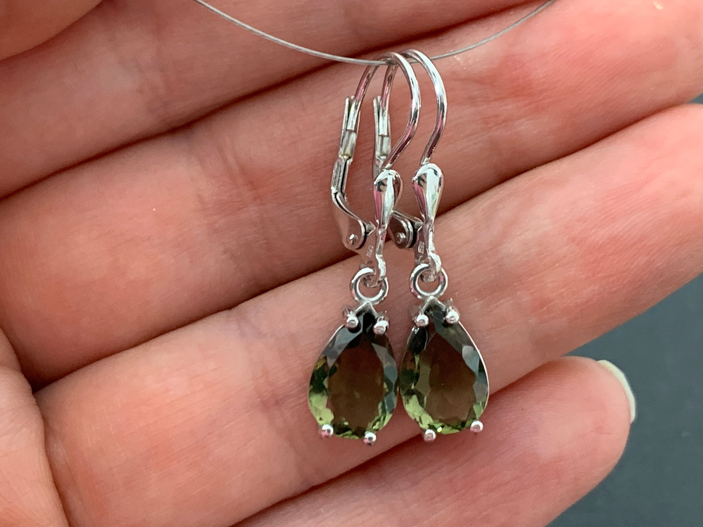 Pear shape faceted Moldavite Sterling silver earrings