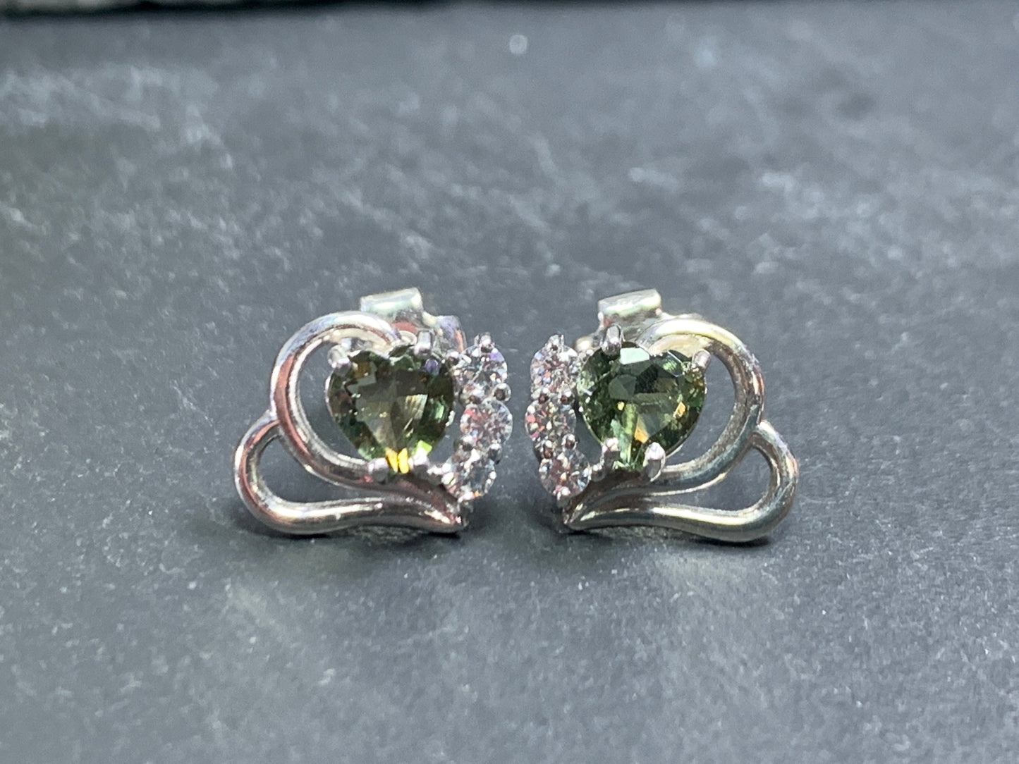 Moldavite Heart & Zircon Studs