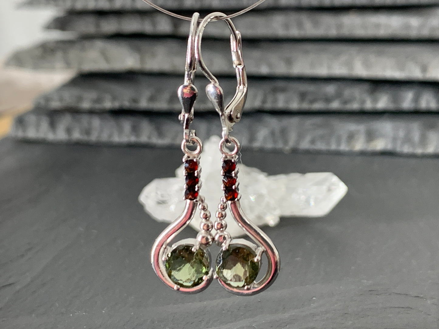 Faceted Garnet & Moldavite earrings