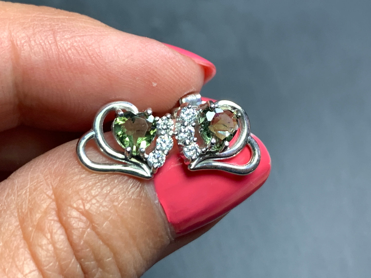 Moldavite Heart & Zircon Studs