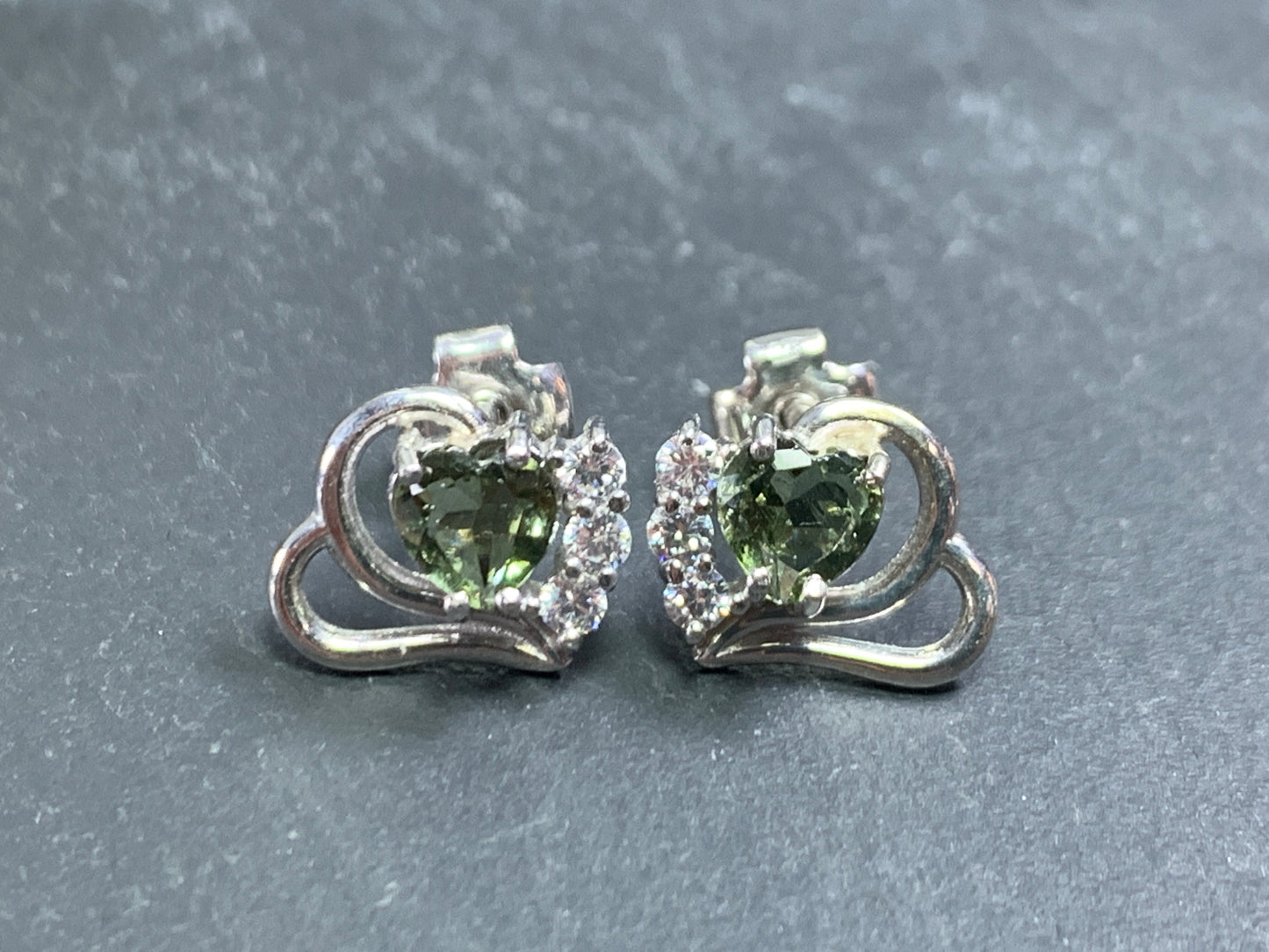 Moldavite Heart & Zircon Studs