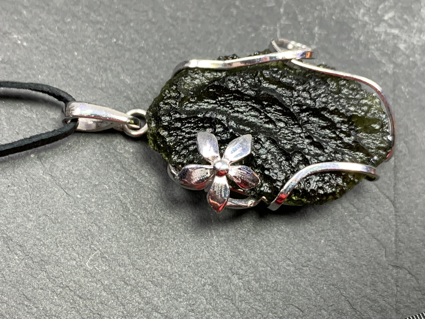 Raw Moldavite pendant with Flowers 9.47g