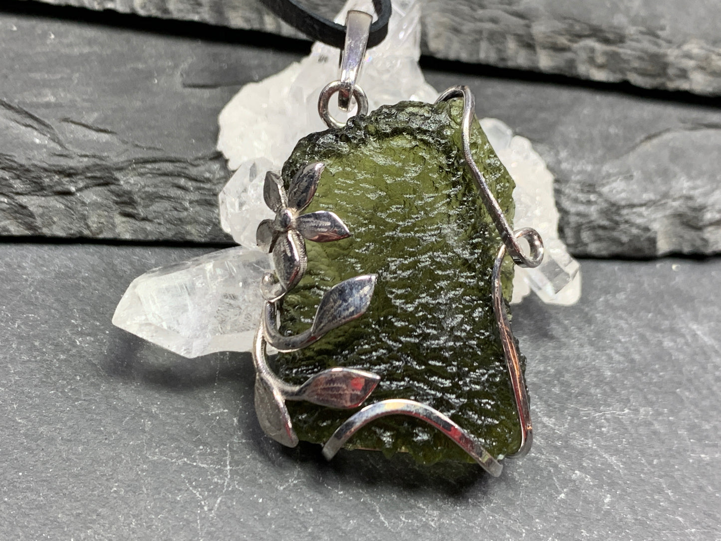 Raw Moldavite pendant with Flower 8.46g