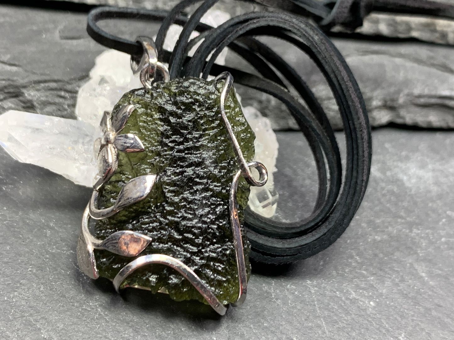 Raw Moldavite pendant with Flower 8.46g